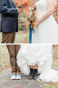 the bride and groom are getting ready to exchange their vows in front of an autumn tree