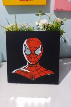 a potted planter with a spiderman face painted on it