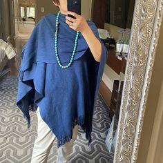 St.John Navy Blue Two Tone Sweater Poncho Casual Blue Cape Poncho, Casual Blue Poncho Cape, Blue Fall Cape Outerwear, Blue Shawl Cape For Fall, Blue One-size Cape, Blue Cape For Fall, One Size Blue Cape, Blue One Size Cape, Blue Oversized Poncho