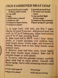 an old fashioned meat loaf recipe is shown in the book, with instructions on how to make it