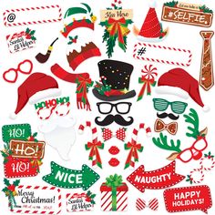 christmas stickers and decorations are arranged on a white surface, including santa hats, mustaches, glasses, candy canes