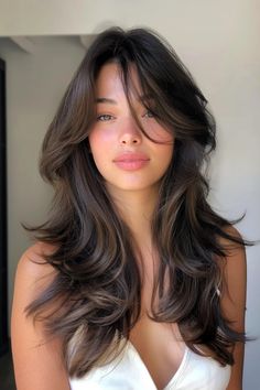 Person with long, layered dark hair and a white top, standing against a neutral background. Curtain Bangs On Brunettes, Frame Facing Layers, Brown Hair With Layers Medium Length, Long Layer And Face Framing, Long Hair With Many Layers, Face Framing Curtain Bangs Brunette, Long Haircut With Layers And Curtain Bangs, Brunette With Long Layers, Layers For Side Part