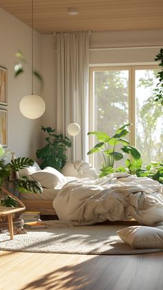 a bedroom with lots of plants in the window and on the floor, there is an unmade bed