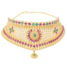 Embrace the timeless allure of this elaborate 22k gold choker necklace by Virani Jewelers. This magnificent piece of Indian gold jewelry is a true masterpiece, boasting intricate details that paying homage to the tradition and cultural of Indian jewelry. The precious emeralds and rubies add a luminous touch, creating an enchanting 22k gold necklace that radiates elegance and grace. Be it a festival or a joyous celebration, wearing this Indian gold necklace will make you feel truly divine and con Ruby And Emerald Necklace Indian, Luxury 22k Gold Traditional Emerald Necklace, Ruby Gold Choker, Luxury Yellow Gold Ruby Temple Necklace, Ceremonial Meenakari Ruby Necklace, 22k Gold Necklace, Gold Necklace Indian, Joyous Celebration, Gold Bead Necklace