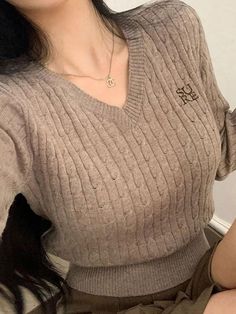 Material: 100%Viscose Fiber Beige Cable Knit V-neck Top, Casual V-neck Embroidered Sweater, Beige V-neck Cable Knit Top, Fitted Casual Embroidered Sweater, Fitted Embroidered Casual Sweater, Embroidered Fitted Casual Sweater, Earth Tone Dress, Abstract Dress, Denim Outerwear