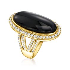 Ross-Simons - Onyx, 1.70ct t. w. White Topaz Ring in 18kt Gold Over Sterling. Size 7. An RS exclusive. Showing off its inky hue, this ring features a 24x11mm oval onyx cabochon framed and sided by sparkling 1.70 ct. t. w. white topaz rounds. Set on a glowing band of polished 18kt yellow gold over sterling silver. 1 1/8" wide. White topaz and onyx ring. Oval Rings With Polished Finish For Evening, Evening Diamond Ring With Gemstone, Oval Yellow Gold Diamond Ring For Evening, Oval Evening Rings With Center Stone, Oval Yellow Gold Rings For Evening, Onyx Ring, Eye Jewelry, Topaz Ring, White Topaz