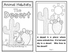 an animal habitat coloring book with two pages on the same page, one is desert