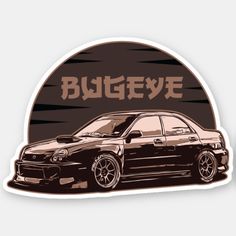 a car sticker with the word bugeye on it's front and side