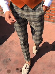 Carlos Slim-fit Plaid Fabric Pants Camel-baagr.myshopify.com-Pants-BOJONI Mens Plaid Pants, Mens Winter Fashion Outfits, Fabric Pants, Slim Fit Dress Pants, Mens Fashion Wear, Men Spring, Plaid Suit, Mens Fashion Casual Outfits, Mens Dress Pants