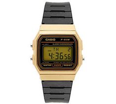 Tough enough to stand up to everyday wear, this men's Casio digital watch boasts a stylish, goldtone case and a sleek, resin strap. From Casio. Gold Digital Watch With Stopwatch, Casio Digital, Calendar Day, 2nd Place, Led Backlight, Black Resin, 60 Minutes, Dive Watches, Classic Man