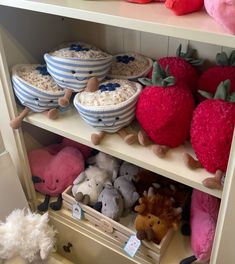 stuffed animals and other toys are on shelves in a toy store, including strawberries