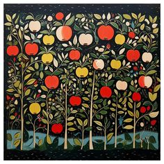 an apple tree with many apples on it, painted in acrylic and wood