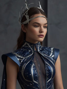 a woman wearing a blue dress with silver accents and a metal crown on her head