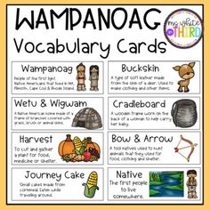 the wampanoag vocaulary cards with pictures and words on them