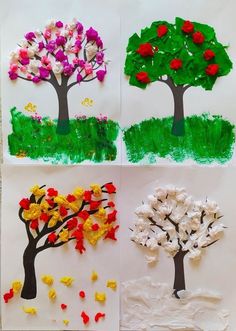 four different trees made out of tissue paper and colored leaves on the bottom one is red, green, yellow, and white