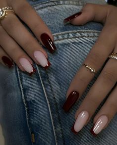 Marron Nails, Pink Nails Inspiration, Red French Tips, Red French Tip, Pastel Pink Nails, Coffin Nails Ombre, Natural Nails Manicure, Brown Acrylic Nails, Dark Red Nails