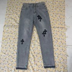 Zipper Fly, Five Pocket Design, Front And Rear Black Cross Patches Size, Waist 29 Color, Black & Blue Chrome Hearts Jeans, Patches Vintage, Cross Patch, Black Cross, Mens Straight Jeans, Chrome Hearts, Vintage Levis, Pocket Design, Black Blue