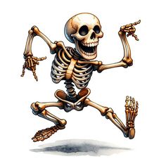 a skeleton running with its arms and legs in the air