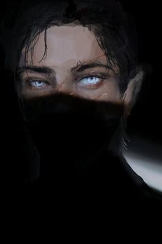 a woman with blue eyes and black hair is shown through a dark mask on her face