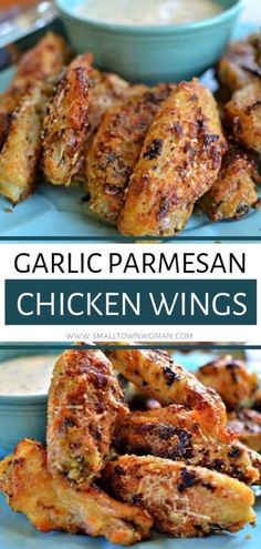 grilled parmesan chicken wings with ranch dressing in the background and text overlay