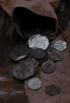 some old coins are laying on top of a fur covered surface with a hood over it