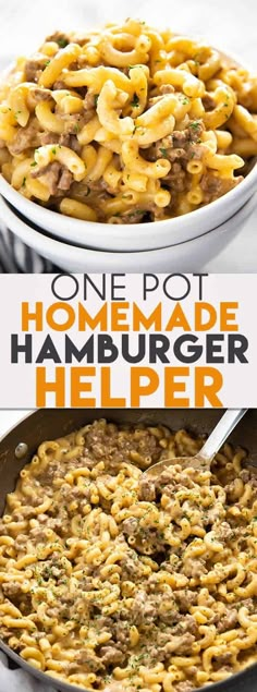 one pot homemade hamburger helper recipe in a skillet with the title above it