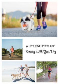 a woman jogging with her dog and the words, do's and don'ts for running with your dog