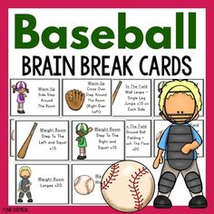 baseball brain break cards with pictures and words