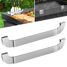 two stainless steel barbecue grills with handles on each side and the same one in front