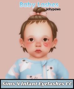 the baby has brown hair and is wearing a blue pajamas with pink bows on her head