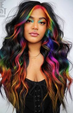 Hair Themes Inspiration, Long Hair Bright Color Ideas, Cool Multicolor Hair, Vivid Roots Black Hair, Black With Rainbow Hair, Bright Colour Hair Ideas, Black And Vivid Hair, Glow In The Dark Hair Extensions, Ombre Fashion Color Hair