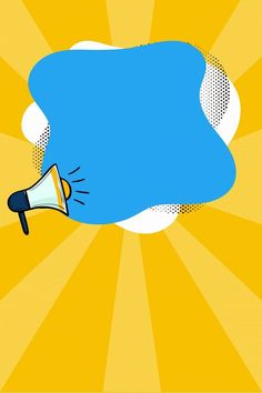 a blue and yellow background with a megaphone in it's mouth, surrounded by sunbursts