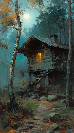 a painting of a cabin in the woods