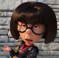 a cartoon character with glasses and a black hair is standing in front of a stone wall