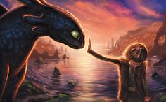 a painting of a girl and a dragon in the water with sunset behind them,