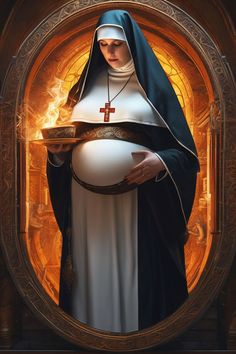 a painting of a nun holding a lit candle in front of a golden circle frame