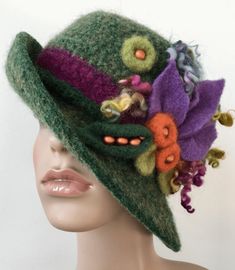 Green Felted Wool Cloche Hat with Wide Brim and Flowers, Women's Felted Cloche, Wool Felt Hat, Art Deco Hat, Handmade in your Size Cloche Hat Pattern, Art Deco Hats, Straw Cloche Hat, Hat With Flowers, Wool Cloche Hat, Felted Crochet, Felted Hat, Cloche Hats, Hat Art