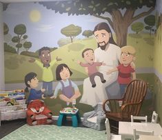 a child's room with a mural of jesus and his family