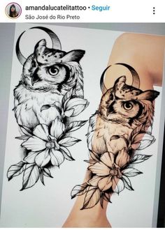 an arm with two owls and flowers on it