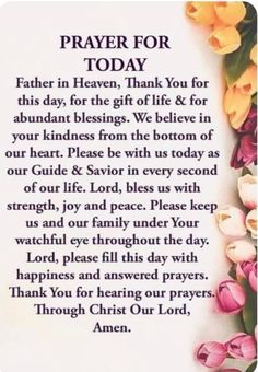 a prayer card with flowers and the words prayer for today