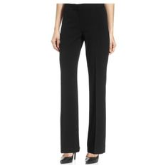 Nine West's Sleek Flare-Leg Pants Make The Perfect Building Piece For A Chic Professional Look! Hook-And-Bar Zipper Closure Imported Mid Rise: Waistband Sits Below Natural Waist No Pockets Or Belt Loops Trouser Leg Size & Fit Approximate Inseam: 31 Inches Note: This Item Tends To Run Large; We Suggest Ordering One Size Down For The Perfect Fit Straight Fit Through Hips And Thighs Materials & Care Dry Clean Polyester/Viscose/Elastane Color: Black Style: 10454729 Condition: Brand New With Tag Fitted Wide Leg Career Bottoms, Black Career Bottoms, Formal Fitted Mid-rise Pants, Fitted Mid-rise Formal Pants, Black Fitted Pants For Career, Black Fitted Career Pants, Fitted Black Career Pants, Sleek Mid-rise Formal Pants, Womens Business Pants