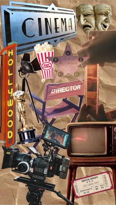 a collage of movie related items including a chair, camera, and film reel