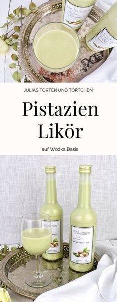 two bottles of pistaazin likor sitting on a tray next to some glasses