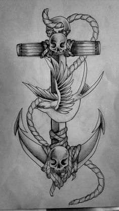 a black and white drawing of an anchor with a skull on it's side