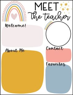 a poster with the words meet the teacher, and an image of a rainbow on it