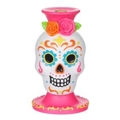 a colorful skull candle holder with roses on it's head and the face painted in white