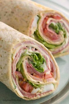 two wraps filled with meat and vegetables on a plate