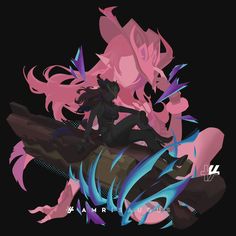 an anime character sitting on top of a rock with blue and pink paint splatters