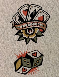 two playing cards with hearts and dices on them