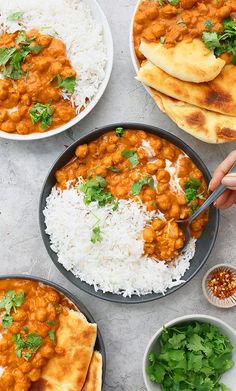 two plates of buttered chickpeas with rice and cilantro on the side